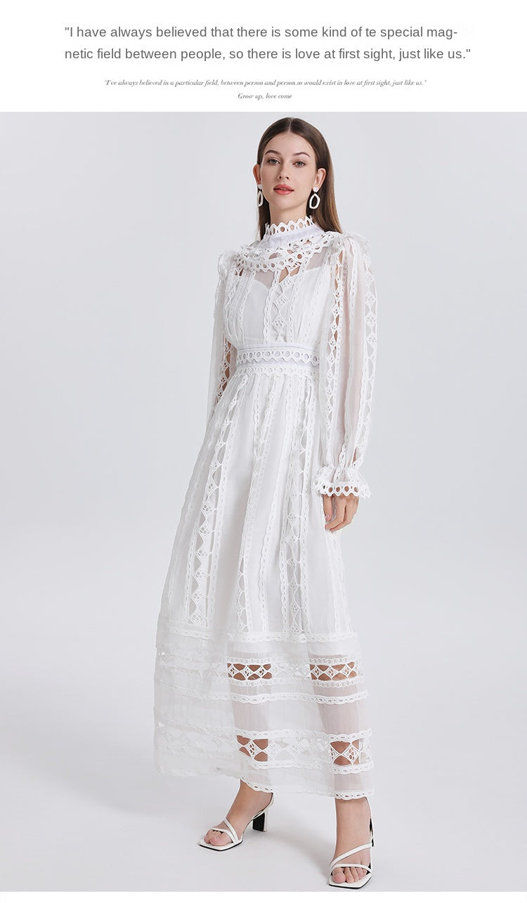 Art cut-out embroidered solid color French maxi skirt waist temperament women's dress