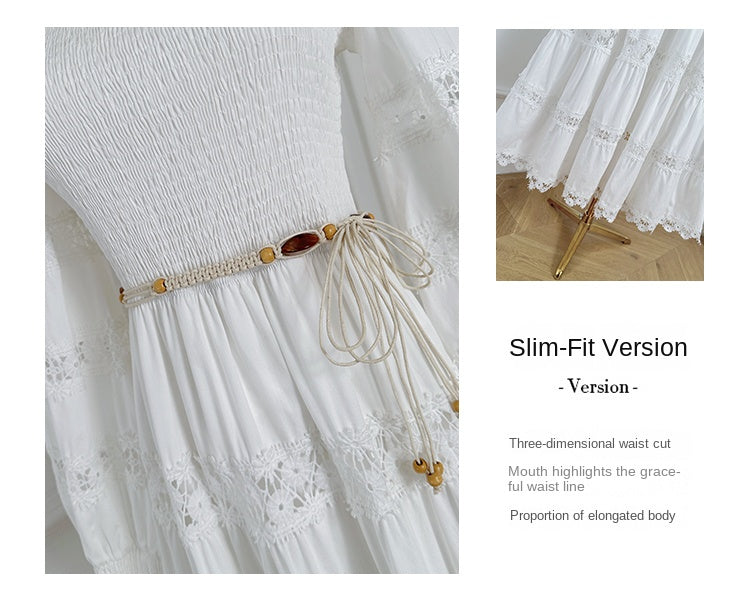 The French vintage maxi skirt is cut-out and laced in a solid color, cinching the waist and showing a slim round neck, lace panels