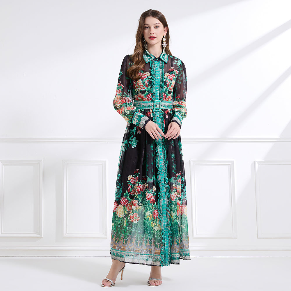 Original design - Spring/Summer, Autumn chiffon shirt collar print, long sleeves, cinched waist, ruffled maxi skirt