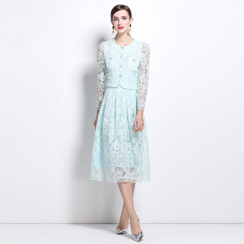 Original design for spring and summer long sleeved small fragrance style set light luxury temperament water-soluble lace skirt two-piece set