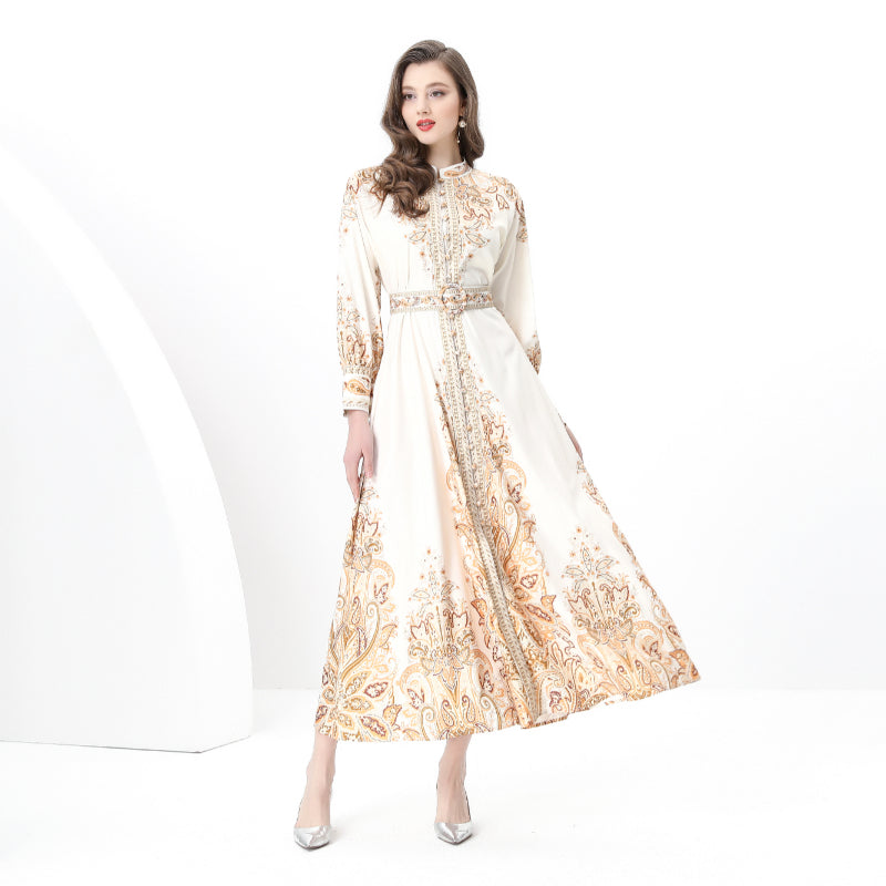Original design: Spring, Summer, Autumn, resort style, vintage stand-up collar, single-breasted, lace panel, printed wide hem maxi dress