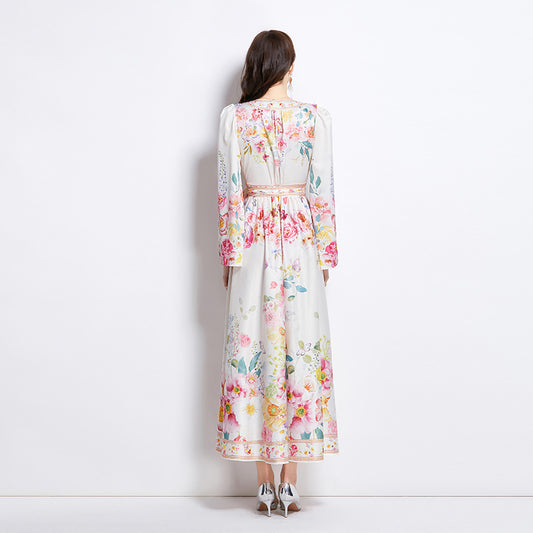 Original Design Spring/Summer New Oil Painting Flower Pattern Wrapped Mid length Dress