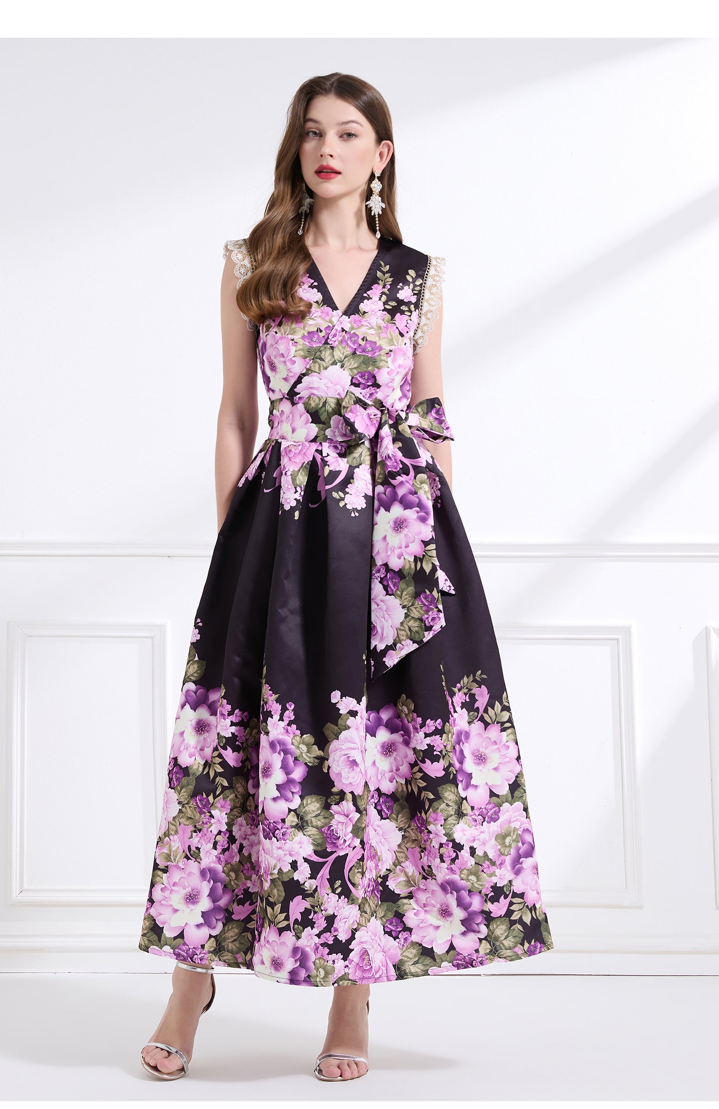 Original design - spring, summer and autumn fake wind, small flying sleeves, flower fairy print, seaside waist ruffle tie long skirt