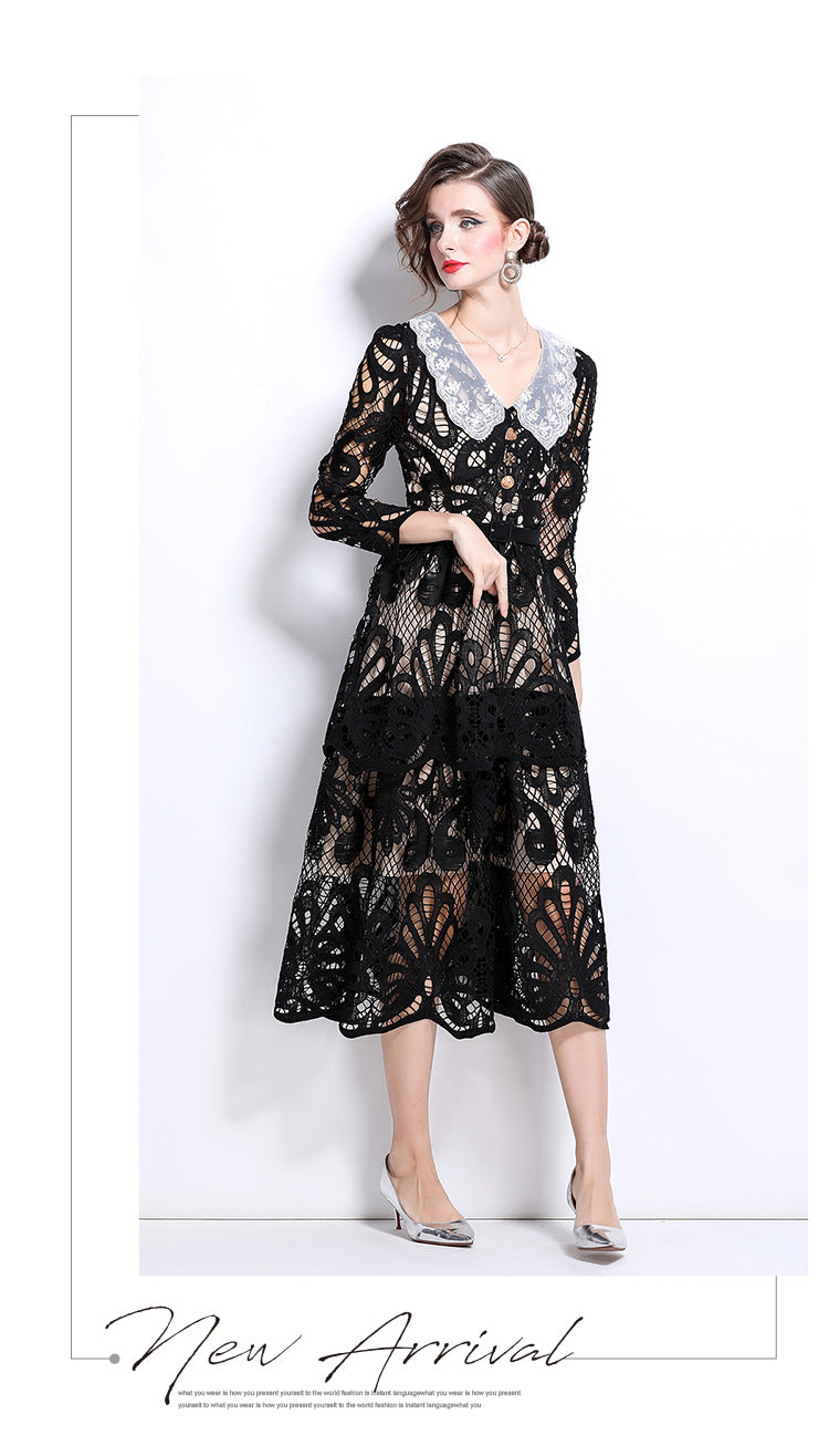 Original Design: Spring and Summer High End Water soluble Embroidered Medium length Skirt with V-neck and Waist cinching to Look Thin Dress
