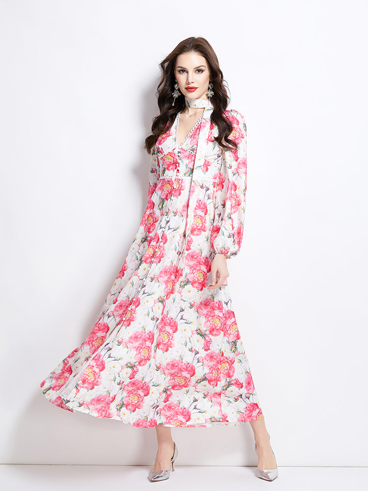 Original Design Spring/Summer Watercolor Flower Long Sleeve Retro Long Dress