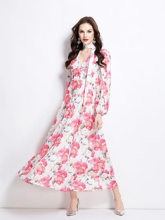 Original Design Spring/Summer Watercolor Flower Long Sleeve Retro Long Dress