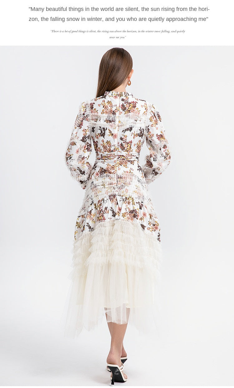 Artwork boutique print patchwork mesh fungus trimmed French court-style women's dress