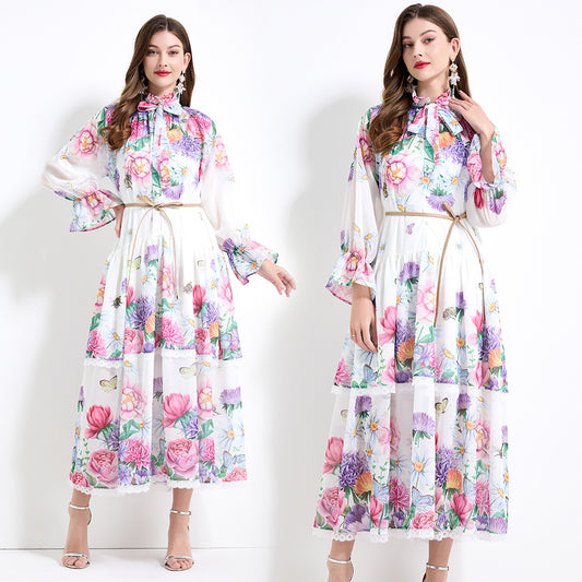 Original design - spring and summer fake lace cake skirt floral print waist ruffle skirt
