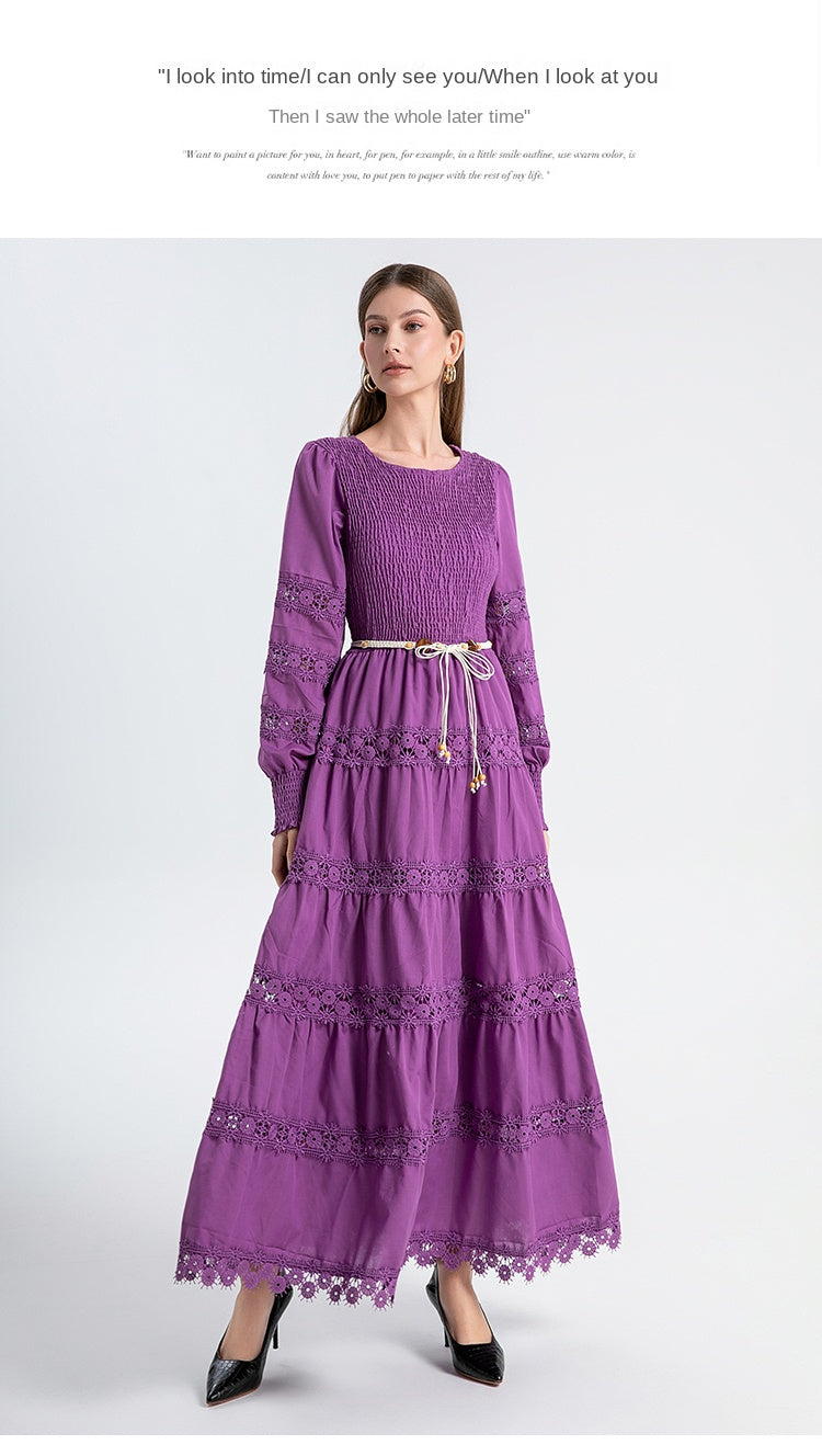 The French vintage maxi skirt is cut-out and laced in a solid color, cinching the waist and showing a slim round neck, lace panels