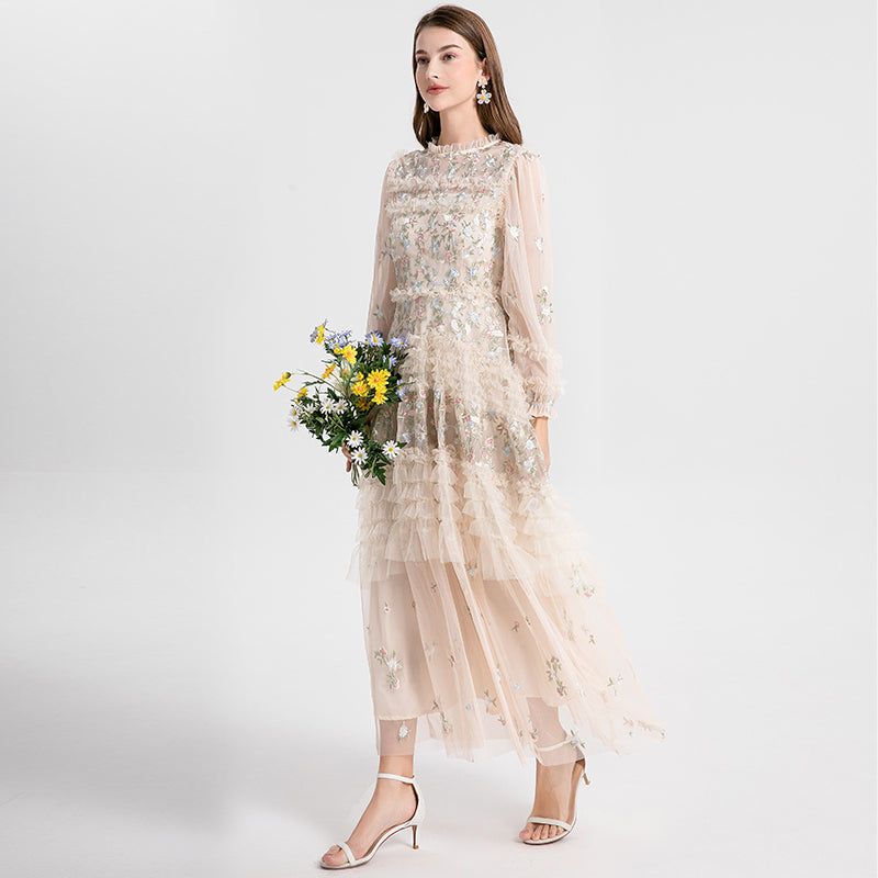 Original Design Women's Countryside Forest Style Heavy Industry Colorful Embroidered Black Fungus Edge Large Swing Dress