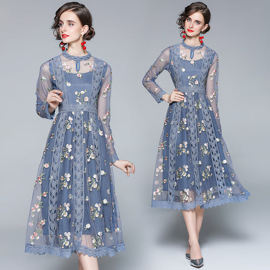 Original Design Heavy Industry Fine Embroidery Mesh French Long Style Super Fairy Sweet Dress