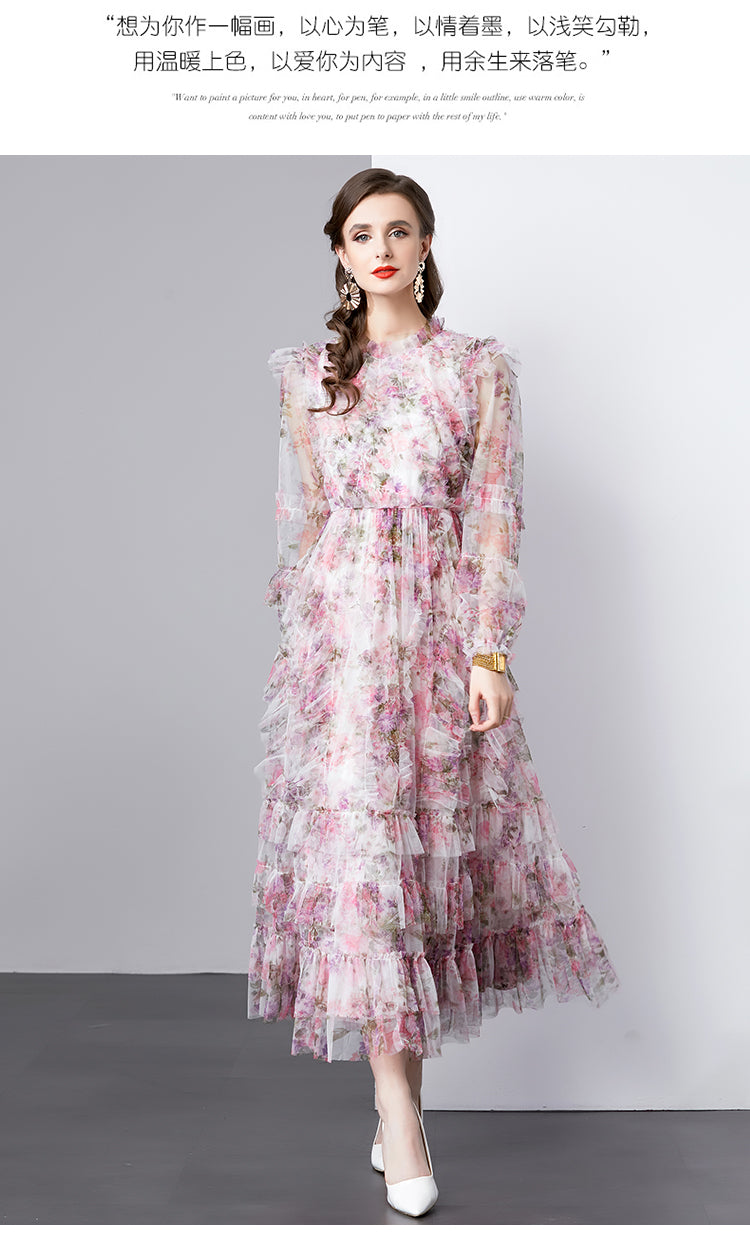 Original design graphic women's French purple and red flower print elegant temperament dress