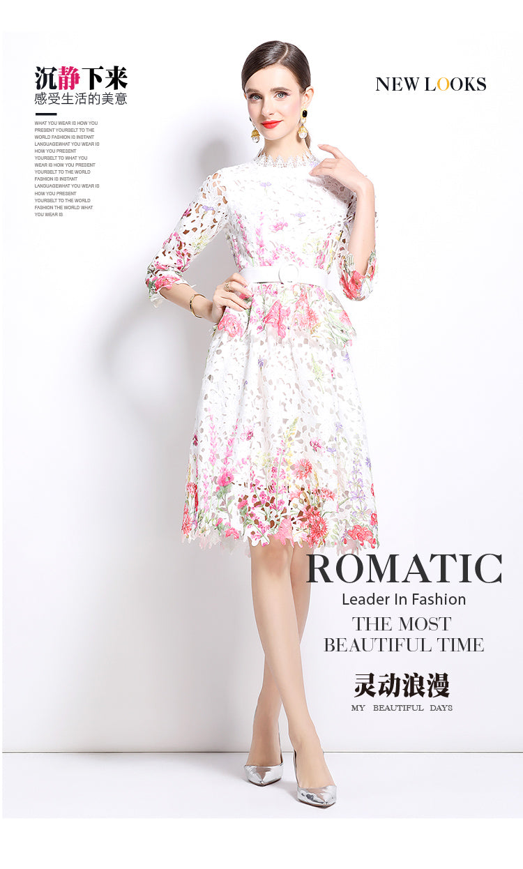 Original design mid long sleeved fashionable slimming hollow out water-soluble lace positioning mid length dress