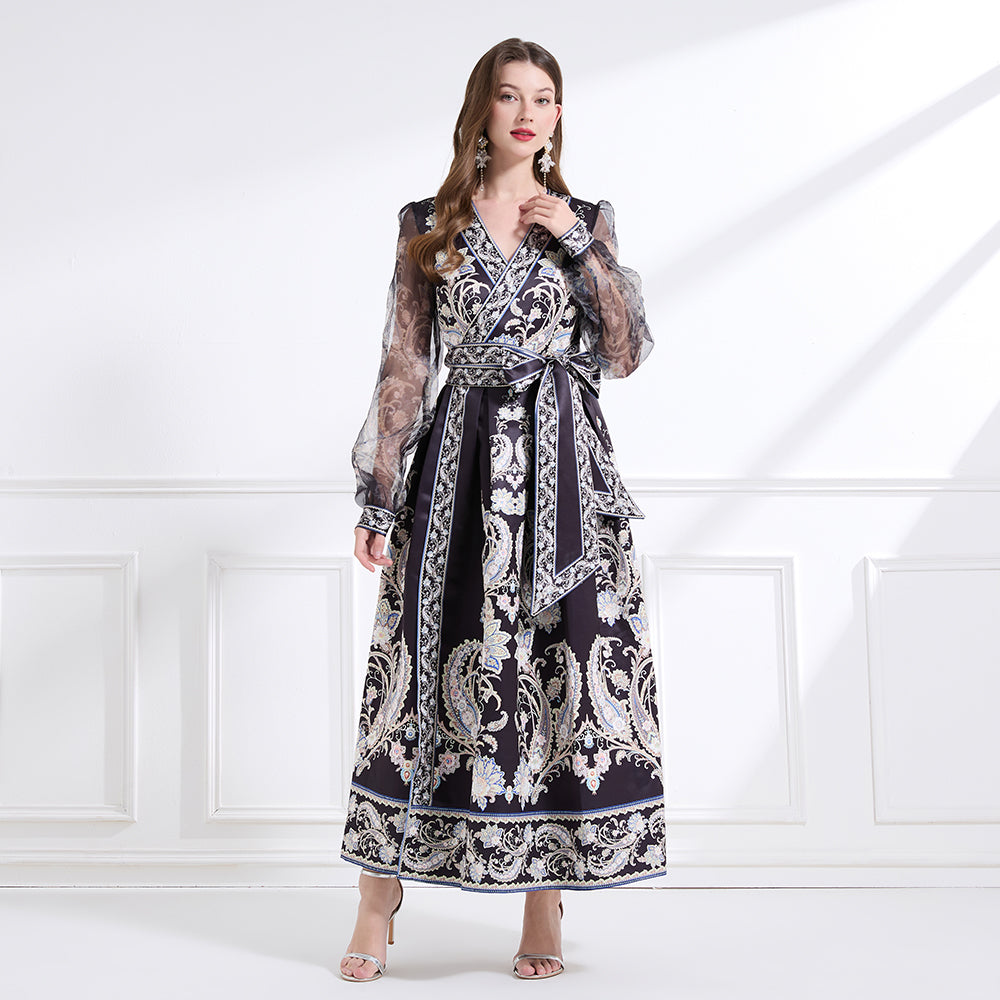Original design - spring/summer resort-style lace-up wrap skirt, balloon sleeves, cross collar print, wide hem ruffle skirt