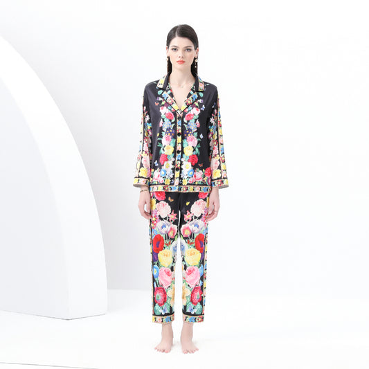 Original design spring/summer-autumn - casual trim pajama suit set with a suit collar long sleeves trousers print 2-piece set