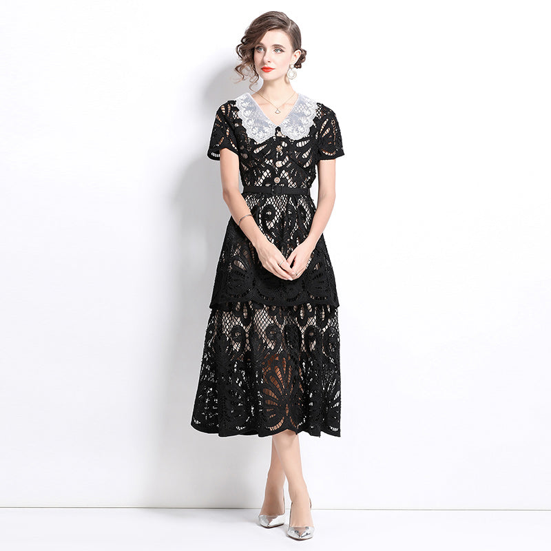 Original Design: Spring and Summer High End Water soluble Embroidered Medium length Skirt with V-neck and Waist cinching to Look Thin Dress