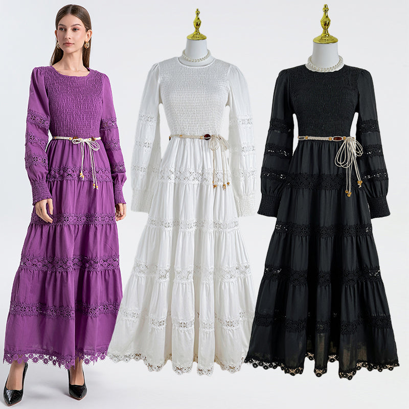 The French vintage maxi skirt is cut-out and laced in a solid color, cinching the waist and showing a slim round neck, lace panels