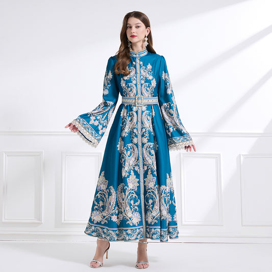 Original design - court-style vintage stand-up collar lace print tunic with large hem waist