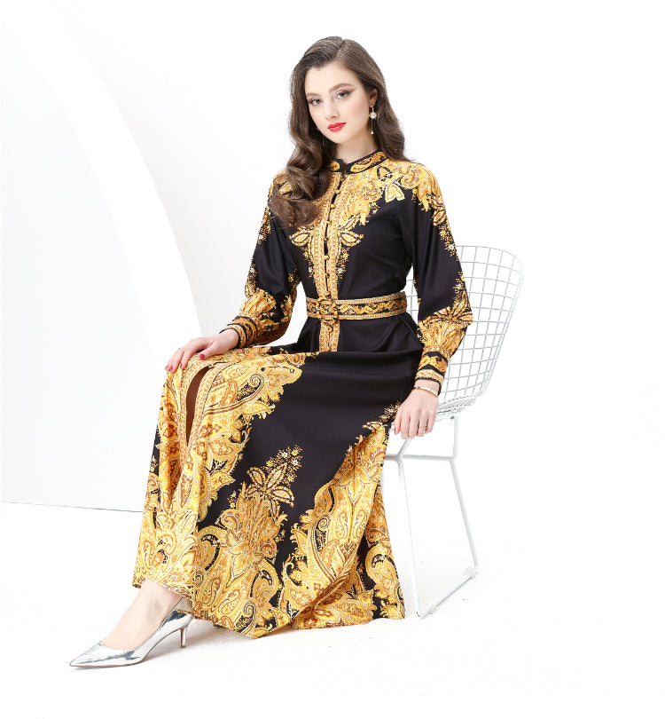 Original design: Spring, Summer, Autumn, resort style, retro stand-up collar, single-row print, wide hem maxi dress