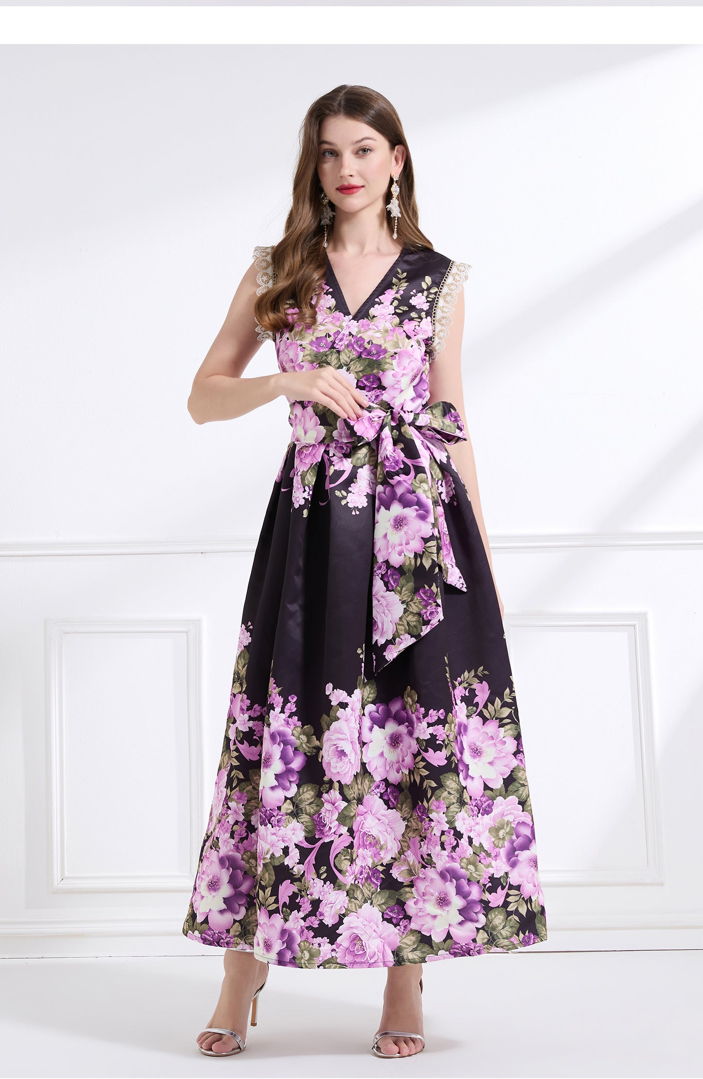 Original design - spring, summer and autumn fake wind, small flying sleeves, flower fairy print, seaside waist ruffle tie long skirt