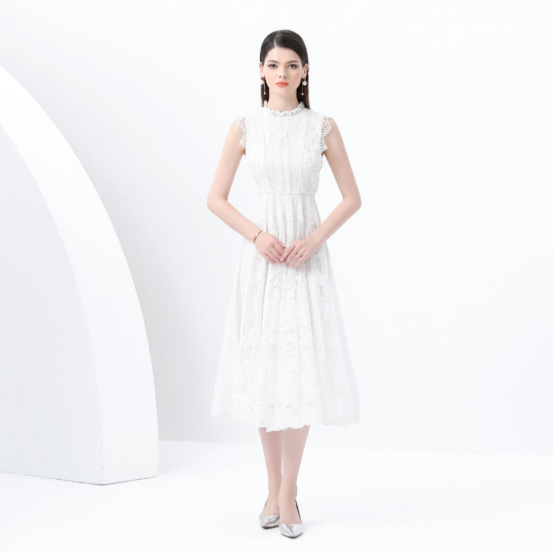 Original design: Spring, Summer, Autumn, Vacation, round neck, smocked style, lace, sleeveless, lace, long vintage dress