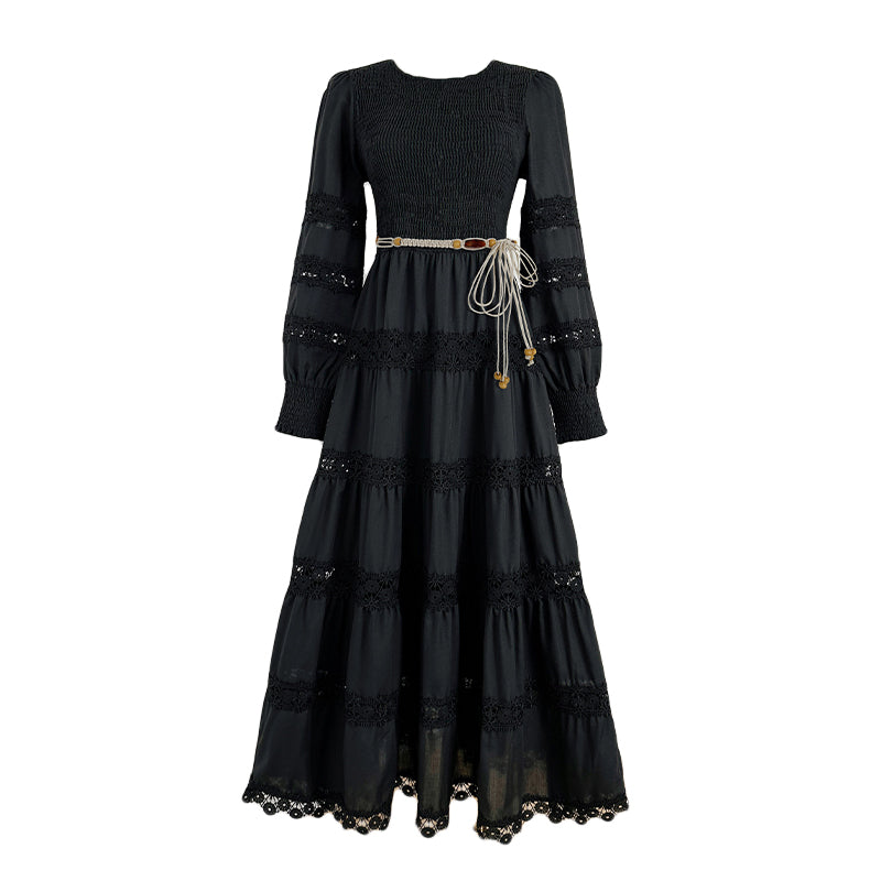 The French vintage maxi skirt is cut-out and laced in a solid color, cinching the waist and showing a slim round neck, lace panels