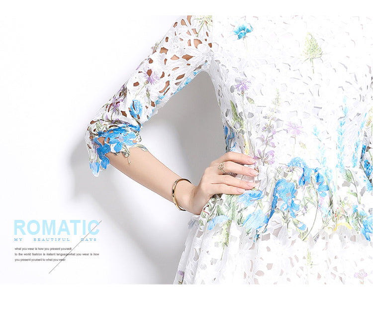 Original design mid long sleeved fashionable slimming hollow out water-soluble lace positioning mid length dress