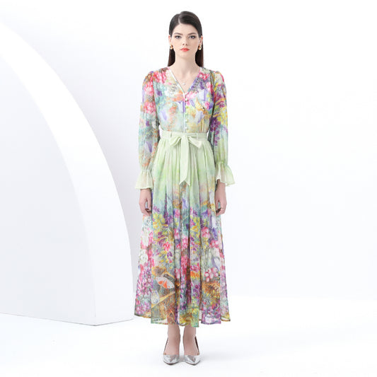 Original design - spring and summer real shot - spot light luxury heavy work chiffon splicing tape embroidery high-waisted thin temperament dress