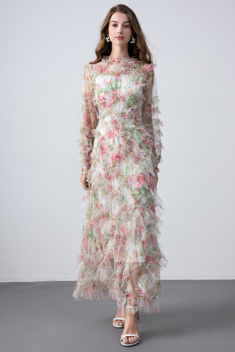 Original design boutique heavy industry romantic fairy temperament printed fungus edge French dress