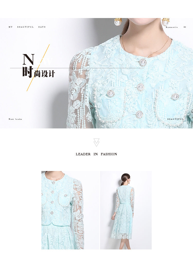 Original design for spring and summer long sleeved small fragrance style set light luxury temperament water-soluble lace skirt two-piece set