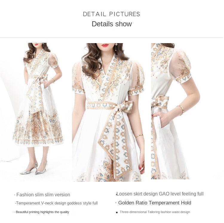 Spring/summer wrap tie style V-neck balloon sleeve long vintage print dress