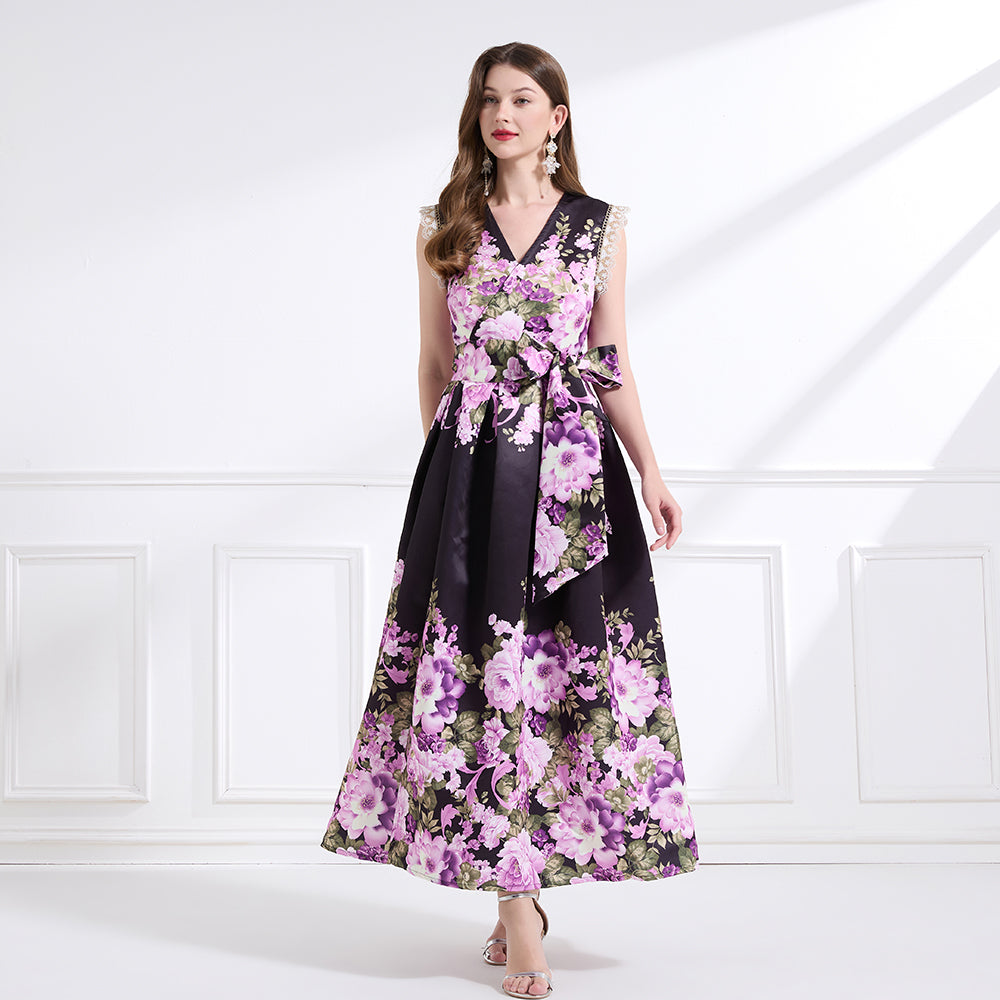Original design - spring, summer and autumn fake wind, small flying sleeves, flower fairy print, seaside waist ruffle tie long skirt