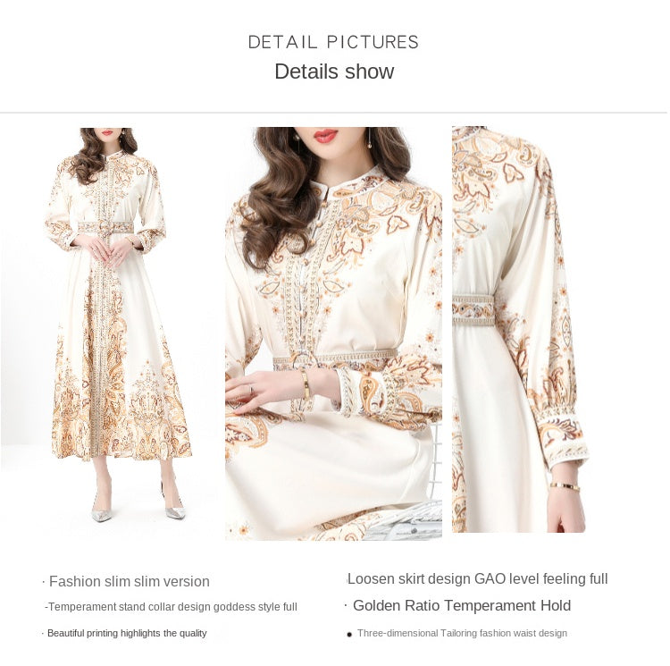 Original design: Spring, Summer, Autumn, resort style, vintage stand-up collar, single-breasted, lace panel, printed wide hem maxi dress
