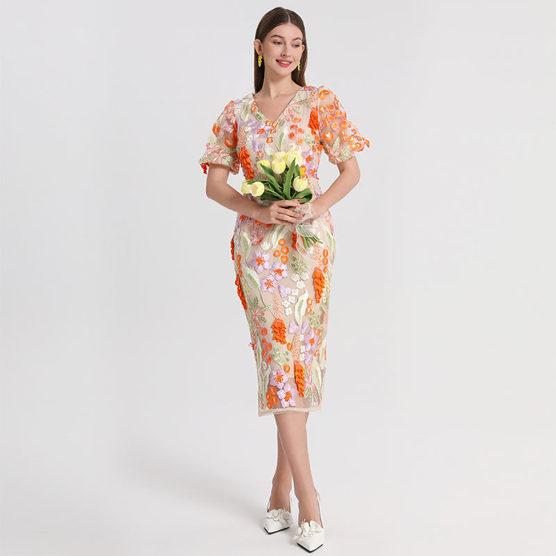 Artwork boutique handmade three-dimensional wheat ear embroidered French temperament dress
