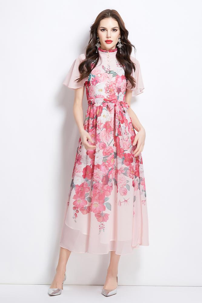 Original design for spring and summer small flying sleeves, ruffled edges, floral patterns, colorful waist cinched stand up collar dress