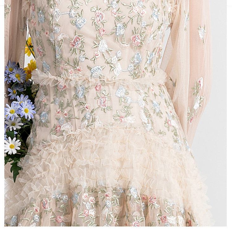 Original Design Women's Countryside Forest Style Heavy Industry Colorful Embroidered Black Fungus Edge Large Swing Dress