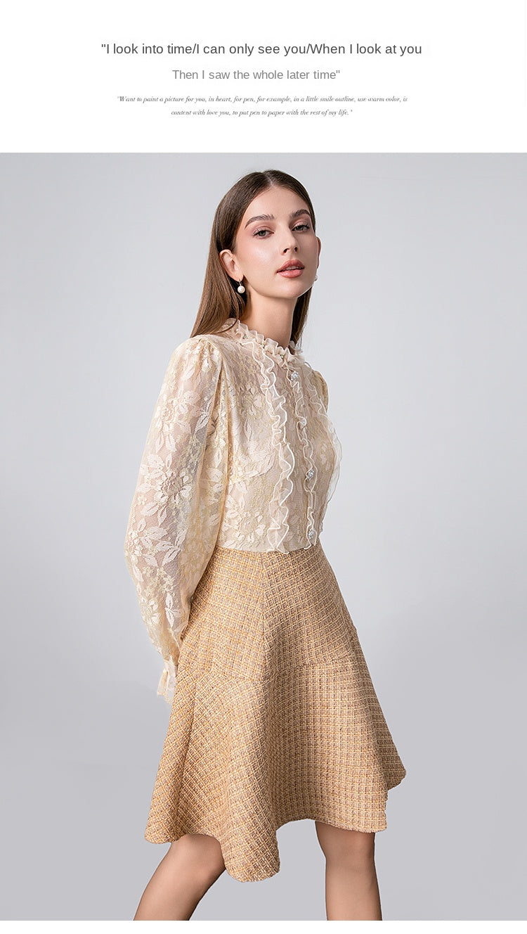 Original design - spring and summer real shot art boutique lace stitching tweed temperament fake 2 pieces of small fragrance beaded dress