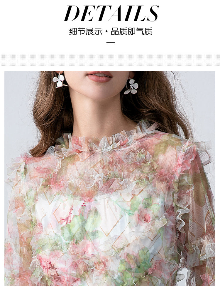 Original design boutique heavy industry romantic fairy temperament printed fungus edge French dress