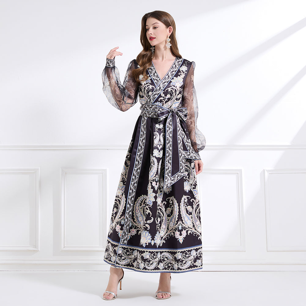 Original design - spring/summer resort-style lace-up wrap skirt, balloon sleeves, cross collar print, wide hem ruffle skirt