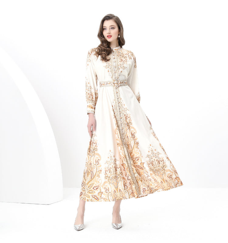 Original design: Spring, Summer, Autumn, resort style, vintage stand-up collar, single-breasted, lace panel, printed wide hem maxi dress