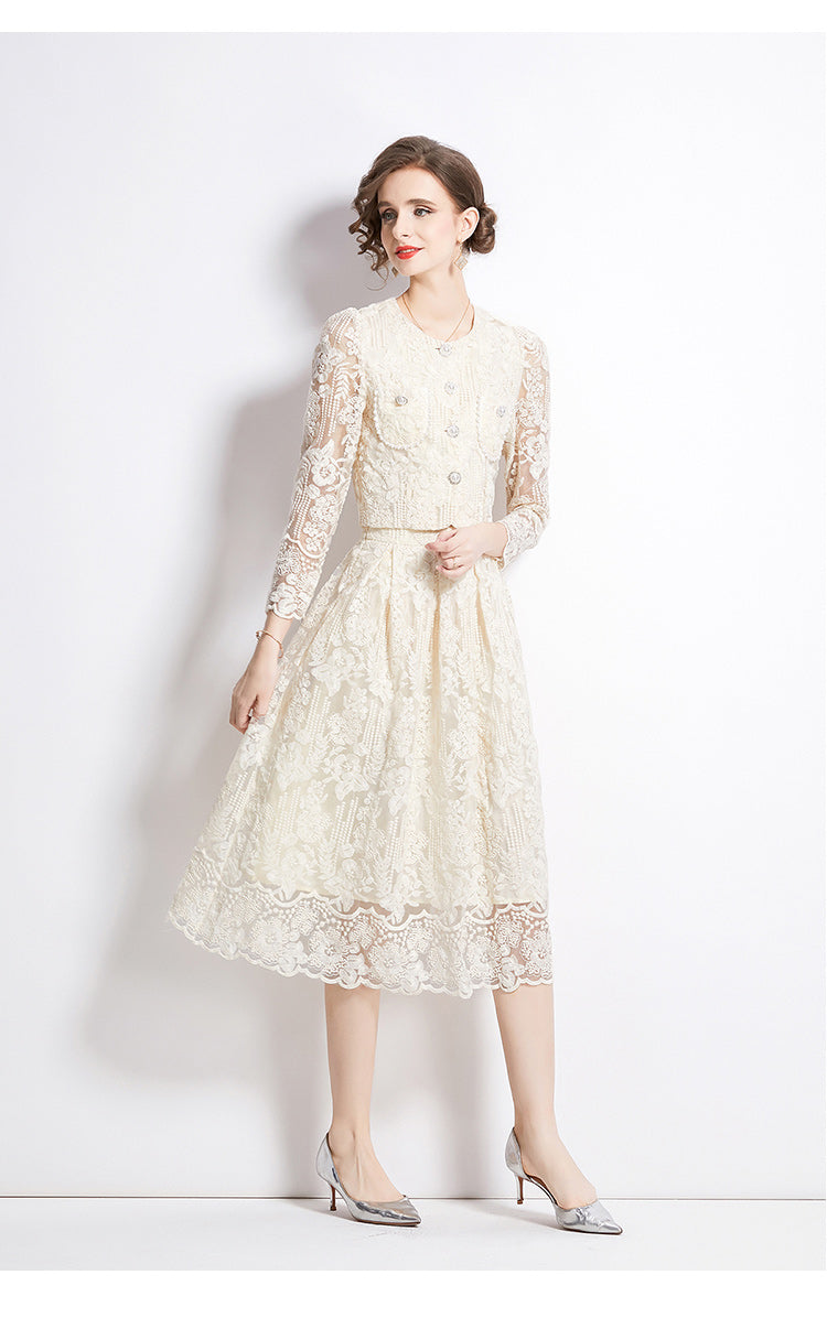 Original design for spring and summer long sleeved small fragrance style set light luxury temperament water-soluble lace skirt two-piece set