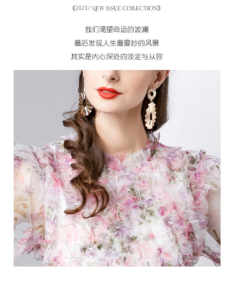 Original design graphic women's French purple and red flower print elegant temperament dress