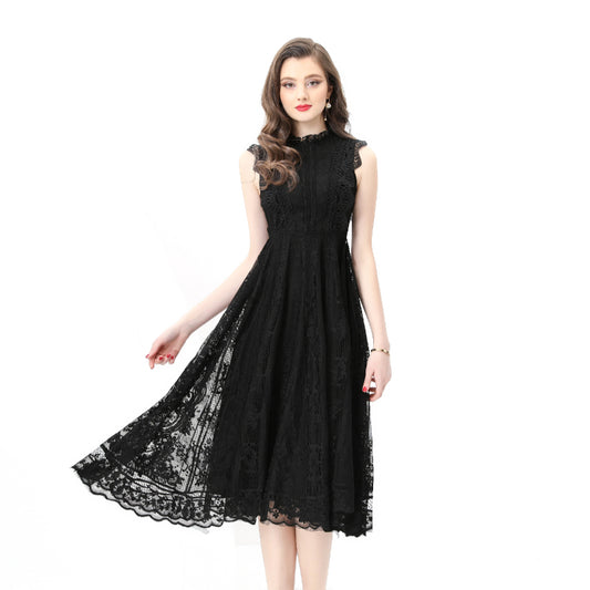 Original design: Spring, Summer, Autumn, Vacation, round neck, smocked style, lace, sleeveless, lace, long vintage dress