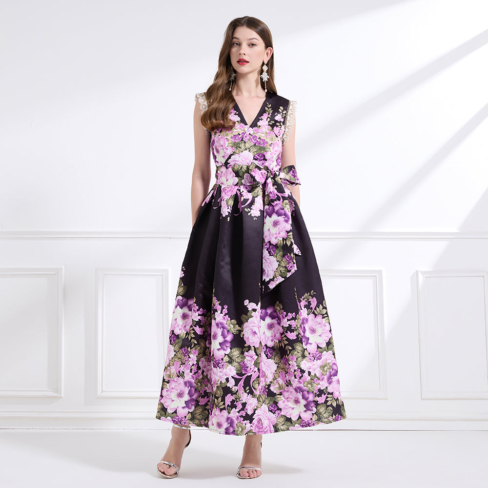 Original design - spring, summer and autumn fake wind, small flying sleeves, flower fairy print, seaside waist ruffle tie long skirt
