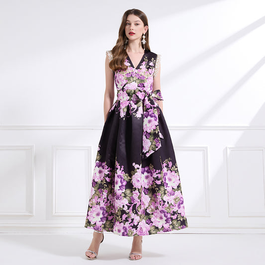Original design - spring, summer and autumn fake wind, small flying sleeves, flower fairy print, seaside waist ruffle tie long skirt