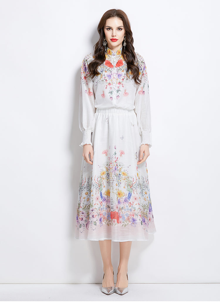 Original Design Spring/Summer/Autumn Vacation Oil Painting Flower Shirt Top Folding Mid length Skirt Set