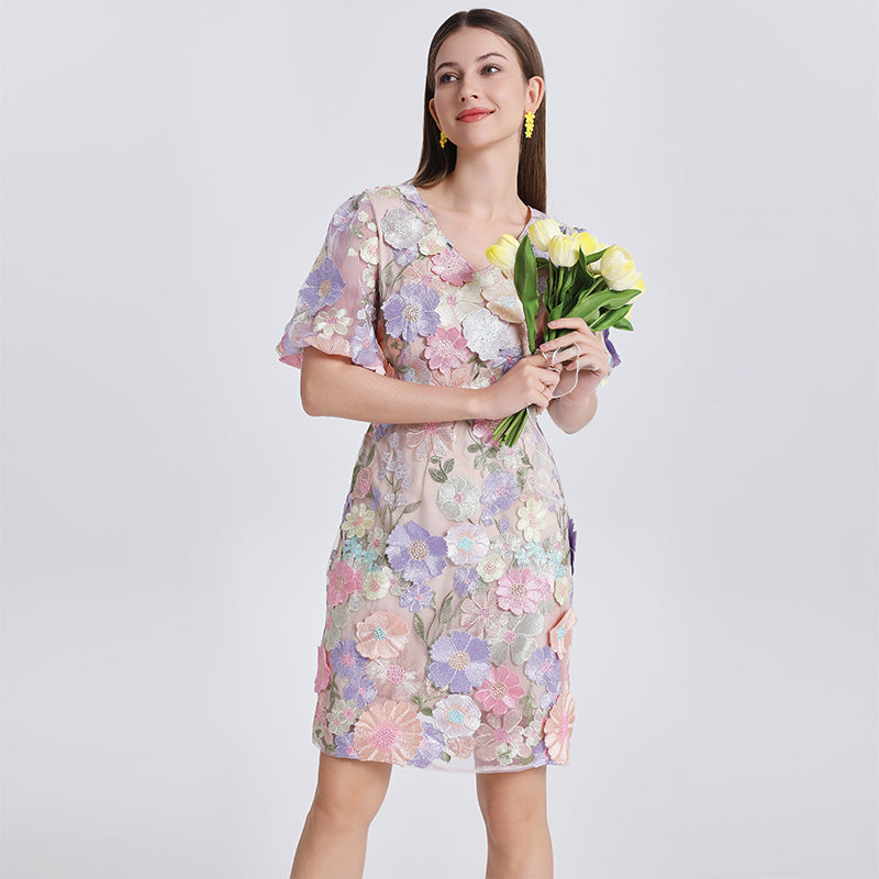 Art embroidery boutique handmade color stringing V-neck puff sleeve hip dress