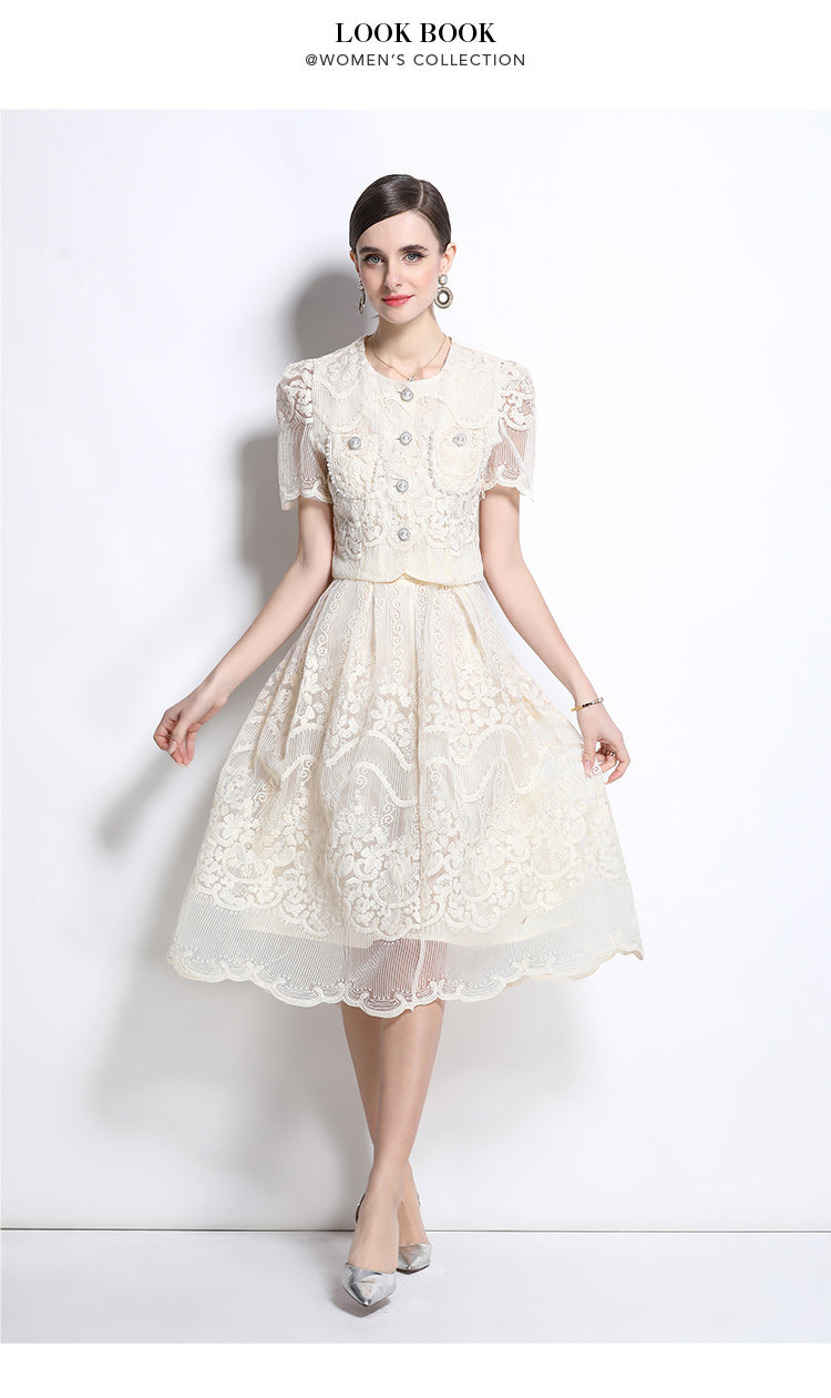 Original design for spring and summer small fragrance style set light luxury and high-end water-soluble lace skirt two-piece set