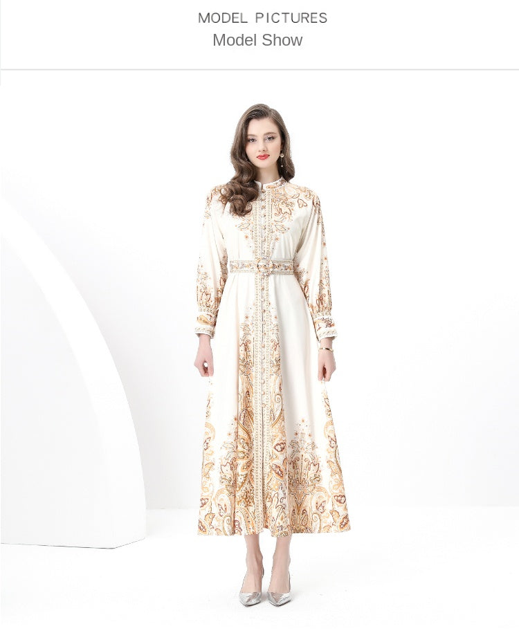 Original design: Spring, Summer, Autumn, resort style, vintage stand-up collar, single-breasted, lace panel, printed wide hem maxi dress