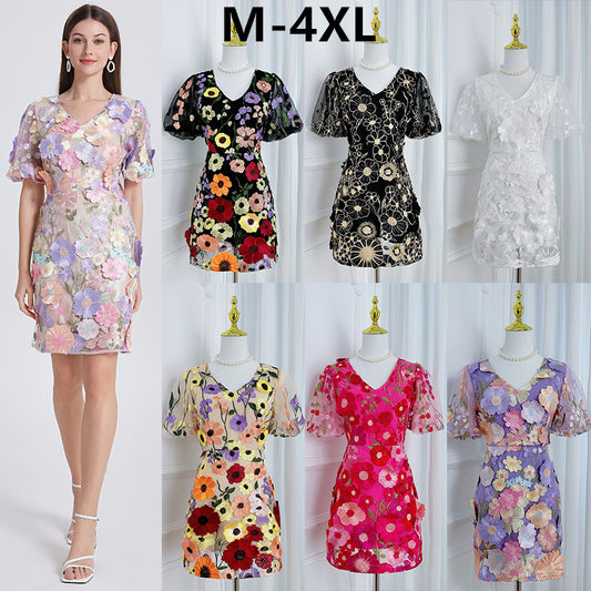 Art embroidery boutique handmade color stringing V-neck puff sleeve hip dress